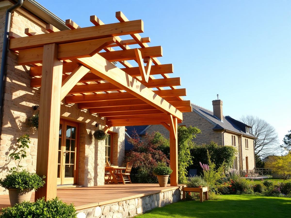 Pergola en bois massif construite contre une maison en pierre de tuffeau