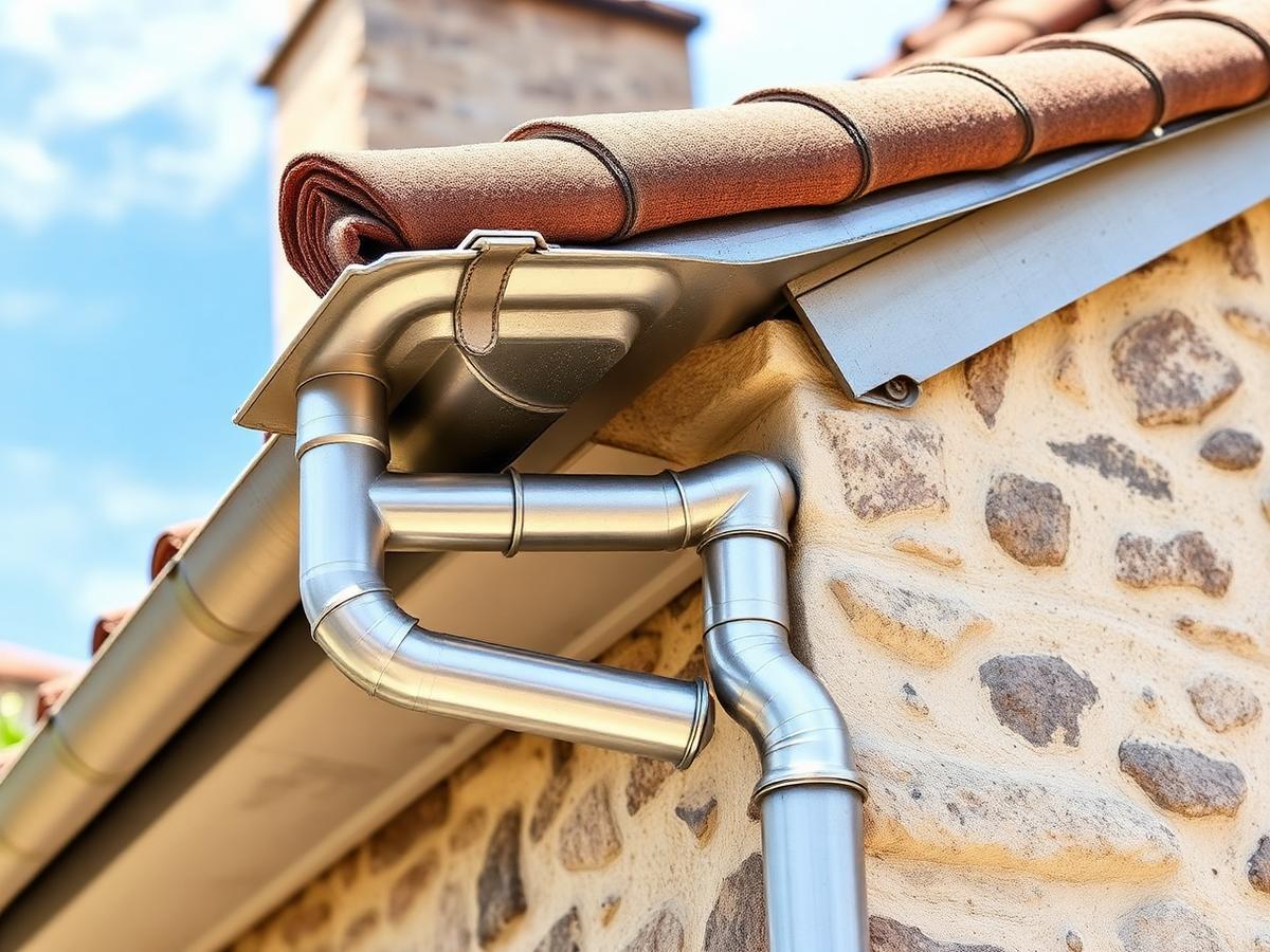 Gouttière et descente d'eaux pluviales en zinc posées sur maison en pierre